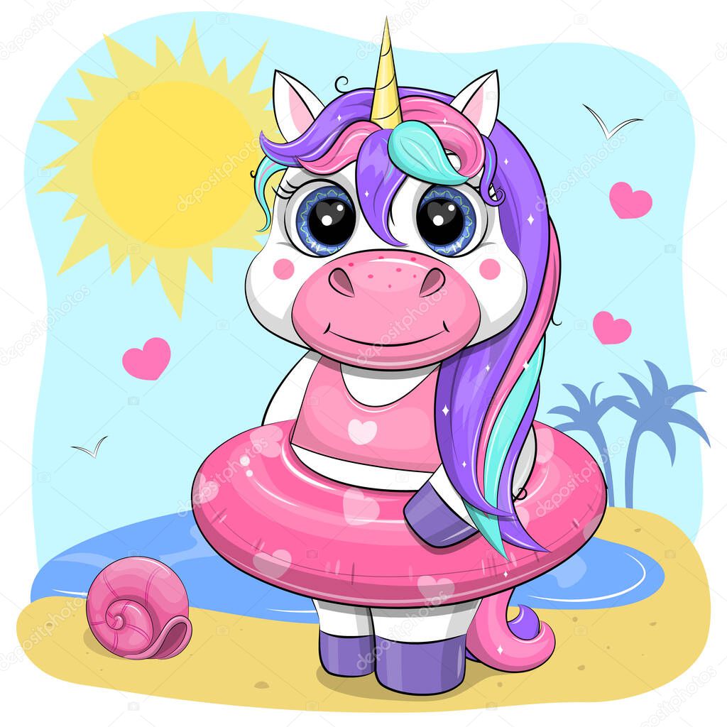 Cute little unicorn with pink inflatable rubber ring for swimming on the beach. Summer vector illustration with animals, shells, palms and hearts.