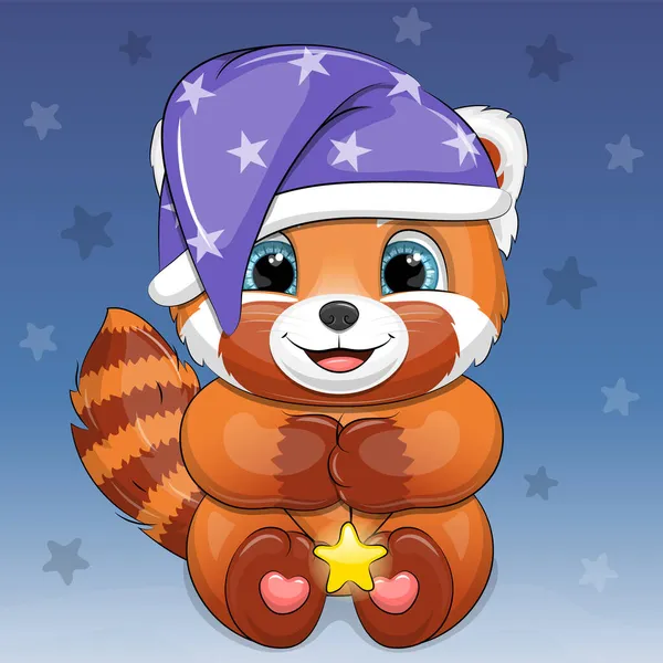 Gece Başlığı Takan Sevimli Kırmızı Panda Parlayan Bir Yıldız Tutuyor — Stok Vektör