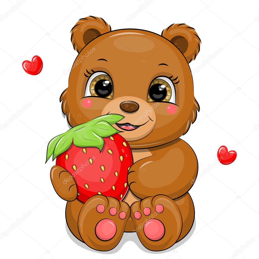Cute cartoon brown bear holding a strawberry. Vector illustration of an animal on a white background with hearts.