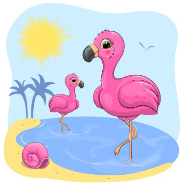 Sahilde hoş bir flamingo çizgi filmi. Kuşlar, güneş, palmiyeler, deniz, hayvan kabuğu ile yaz vektör illüstrasyonu.