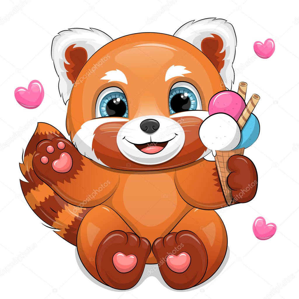 Cute cartoon red panda with ice cream. Vector illustration of an animal with hearts on a white background.