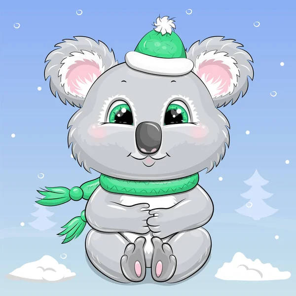 Carino Cartone Animato Koala Cappello Verde Sciarpa Illustrazione Vettoriale Animale — Vettoriale Stock