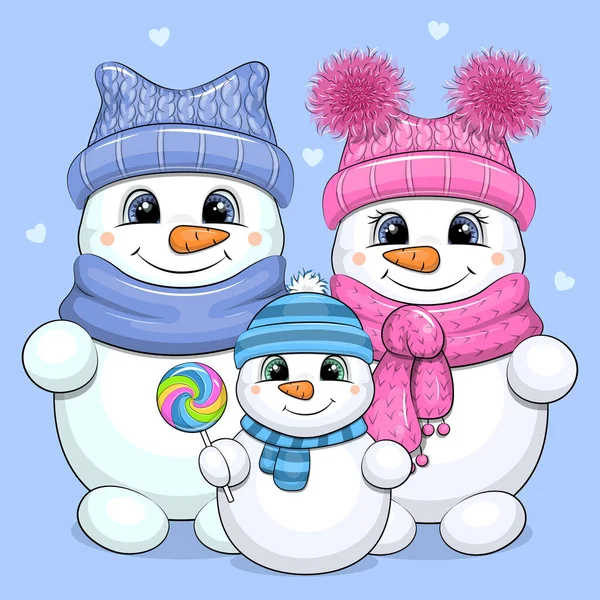 Leuke Cartoon Sneeuwpop Familie Met Vader Moeder Baby Winter Vector — Stockvector