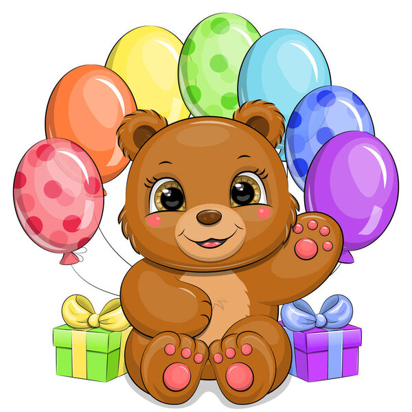 Симпатичный карикатурный бурый медведь с цветными воздушными шарами и подарками. Векторная иллюстрация на белом фоне.