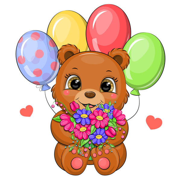 Милый мультяшный бурый медведь с цветами и воздушными шарами. Векторная иллюстрация на белом фоне.