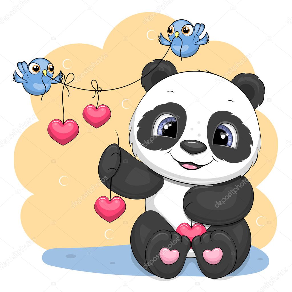 Cute cartoon panda with hearts and birds. Vector illustration of a sitting animal.
