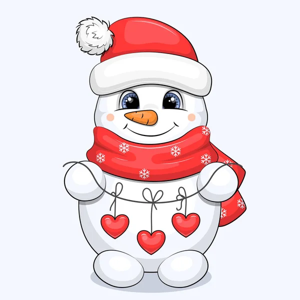 Cute Cartoon Snowman Red Hat Scarf Holding Hearts Vector Illustration — Stock Vector