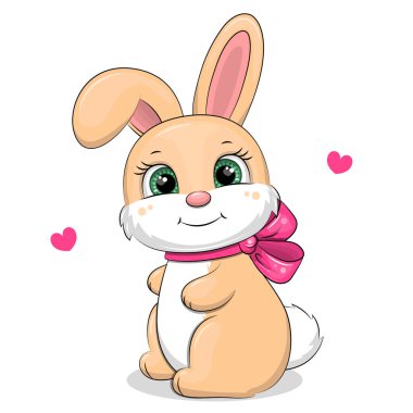 Cute cartoon rabbit with pink bow and hearts. Vector illustration of an animal on a white background. clipart