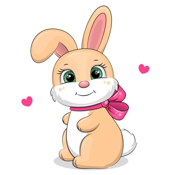 Cute Cartoon Rabbit Pink Bow Hearts Vector Illustration Animal White — Stock Vector