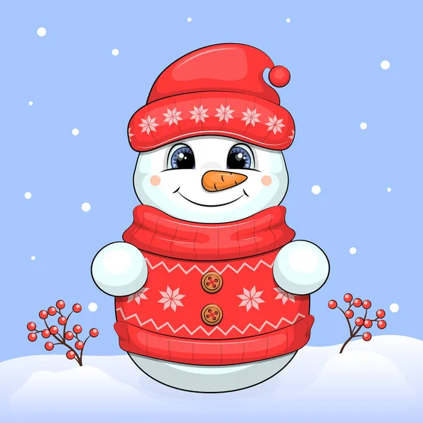 赤い帽子と暖かいセーターのかわいい漫画の雪だるま 雪と青の背景に冬のベクトルイラスト — ストックベクタ