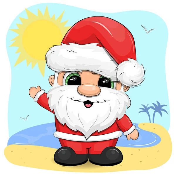 可爱的卡通圣诞老人在海滩上挥手 夏天有趣的矢量 阳光在海面上 棕榈树 — 图库矢量图片