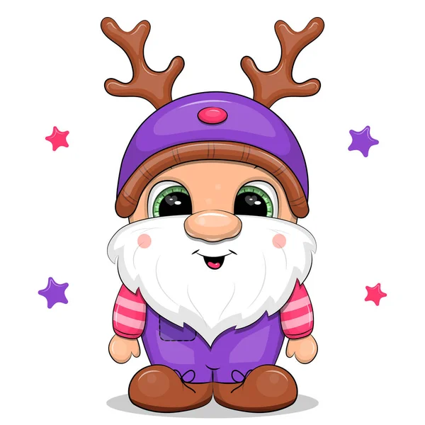 Cute Cartoon Gnome Wearing Deer Hat Vector Illustration Man White — Stock Vector