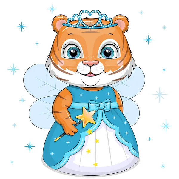 Mavi elbiseli sevimli peri kaplan. Beyaz arka planda yıldızlı bir hayvanın vektör çizimi.