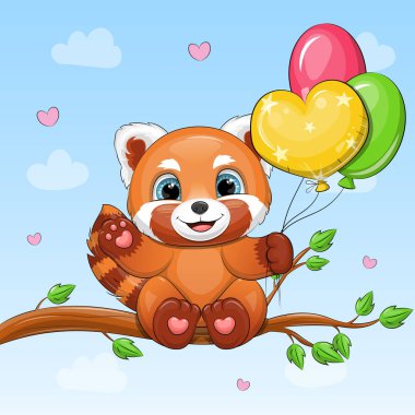 Ağaçta balonları olan sevimli kırmızı panda çizgi filmi. Mavi arka planda bulutlu bir hayvanın vektör çizimi.