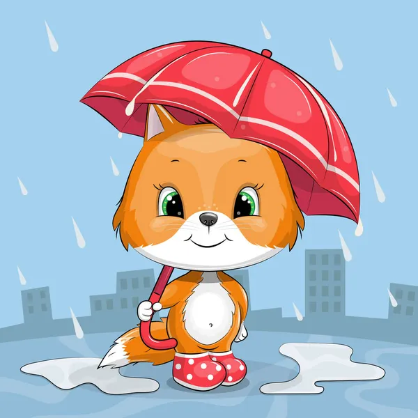 Cute Cartoon Fox Red Gumboots Umbrella Rainy Autumn Vector Blue — Stock Vector