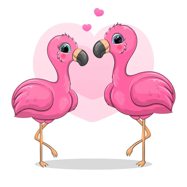 Cute Cartoon Flamingo Couple Vector Illustration Pink Birds Hearts — Stock Vector