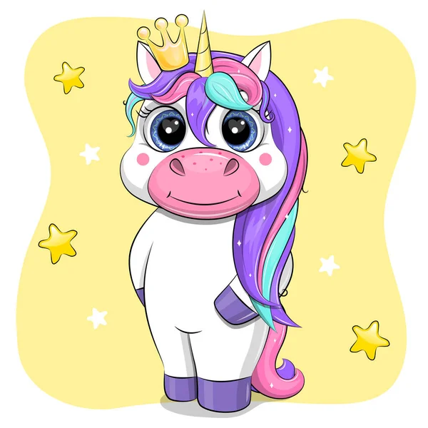 Lindo Unicornio Dibujos Animados Con Una Pequeña Corona Ilustración Vectorial — Vector de stock