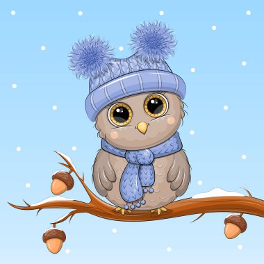 Mavi şapkalı ve eşarplı, meşe ağacında oturan sevimli bir baykuş. Karlı mavi arkaplanda kış vektör illüstrasyonu.