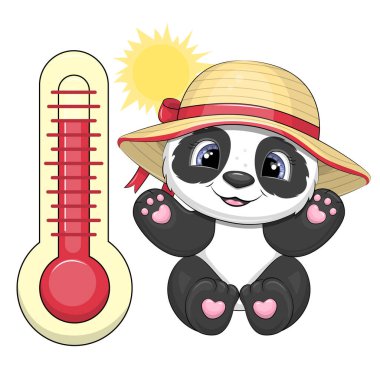 Tatlı bir karikatür termometresi ve yaz şapkası takan bir panda. Güneşle birlikte beyaz bir arkaplanda vektör illüstrasyonu.