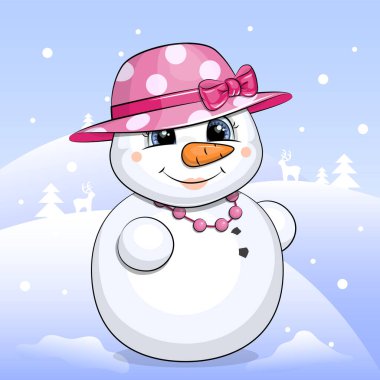 Pembe şapkalı ve kolyeli sevimli kardan adam. Kar ile kış vektör illüstrasyonu.