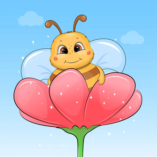 Cute Cartoon Bee Flower Vector Illustration Blue Background — Stock Vector