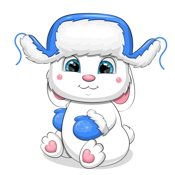Милий Мультяшний Білий Кролик Синьому Зимовому Капелюсі Клапанами Вух Рукавицями — стоковий вектор