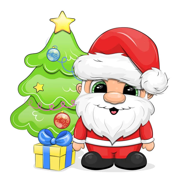 Hediyesi ve Noel ağacı olan şirin bir Noel Baba çizgi filmi. Vektör illüstrasyonu beyaz arkaplanda izole edildi.