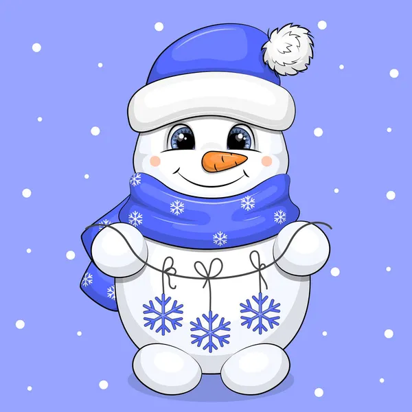 青い帽子と雪の結晶を保持スカーフでかわいい漫画の雪だるま 雪と青の背景に冬のベクトルイラスト — ストックベクタ