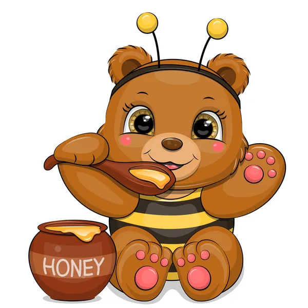 穿着蜜蜂服装的可爱熊吃蜂蜜 白色背景动物的矢量卡通画 — 图库矢量图片