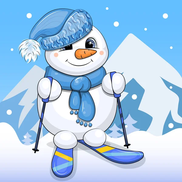 Милый Мультяшный Снеговик Шляпе Шарфе Лыжах Зимняя Векторная Иллюстрация Снегом — стоковый вектор