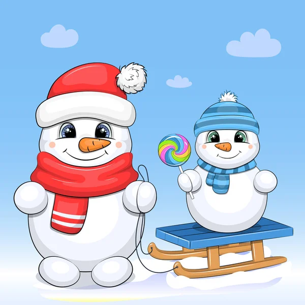 Leuke Cartoon Sneeuwpop Met Een Baby Een Slee Winter Vector — Stockvector