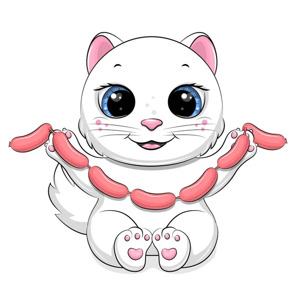 Cute Cartoon White Cat Holds Many Sausages Vector Illustration Animal — Stock Vector