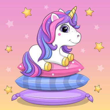 Yastıkların üzerinde şirin tek boynuzlu at çizgi filmi. Renkli arka planda yıldızlı bir hayvanın vektör çizimi.