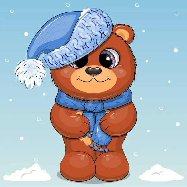 青い帽子とスカーフでかわいい漫画の茶色のクマ 雪と冬の動物ベクトルイラスト — ストックベクタ