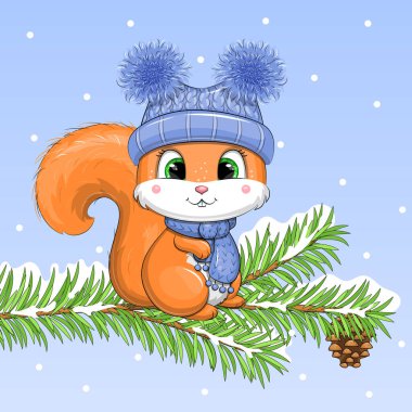 Çam ağacında şapka ve eşarp takmış şirin bir sincap. Kar eşliğinde mavi bir arkaplanda hayvan vektör çizimi.