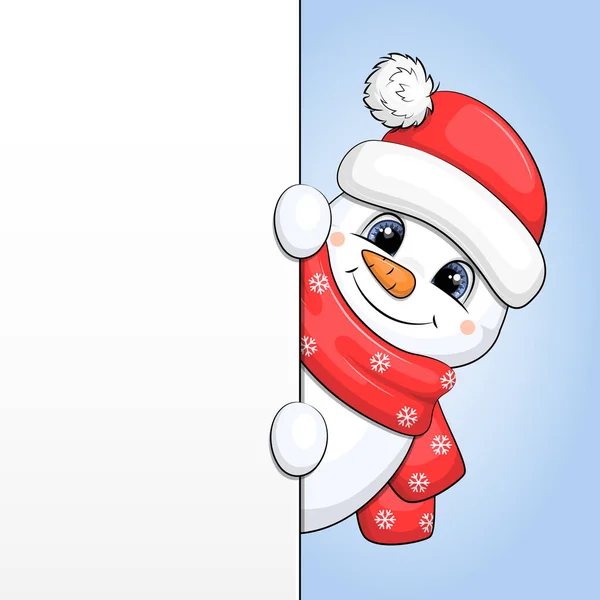 Banner Cute Cartoon Snowman Red Hat Scarf Snowman Showing Something — Stock Vector