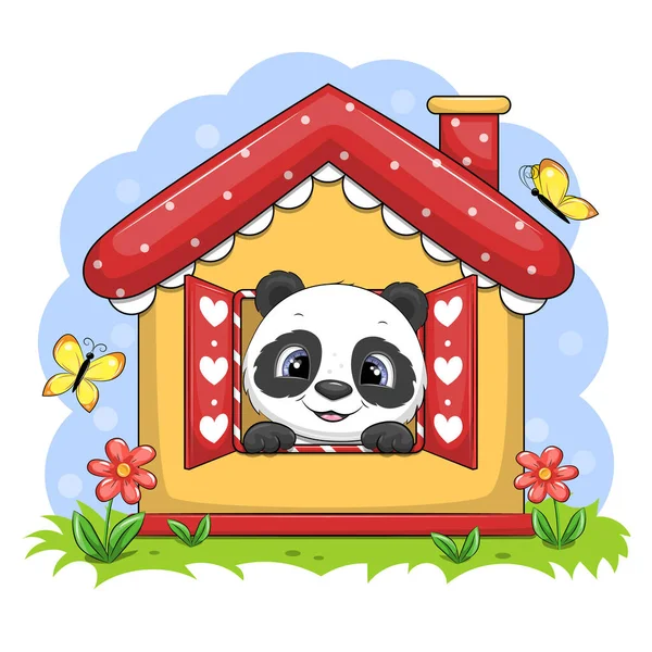 Cute Cartoon Panda Yellow House Red Roof Vector Illustration Blue — Stock Vector