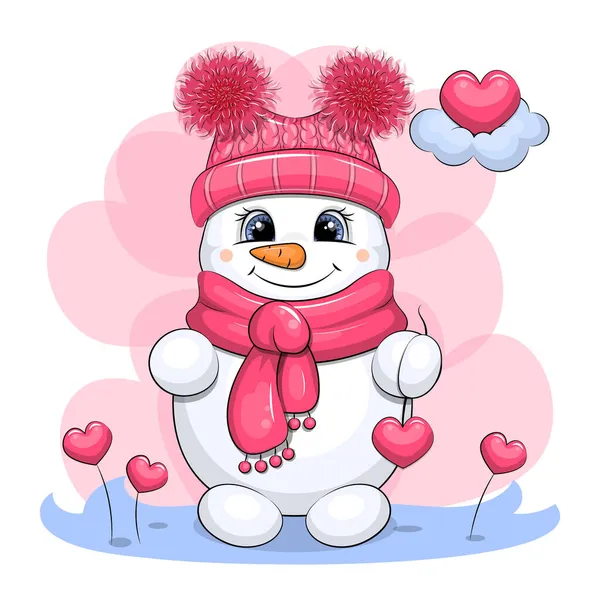 帽子とスカーフを胸にしたかわいい漫画の雪だるま ピンクの背景のベクトルイラスト — ストックベクタ