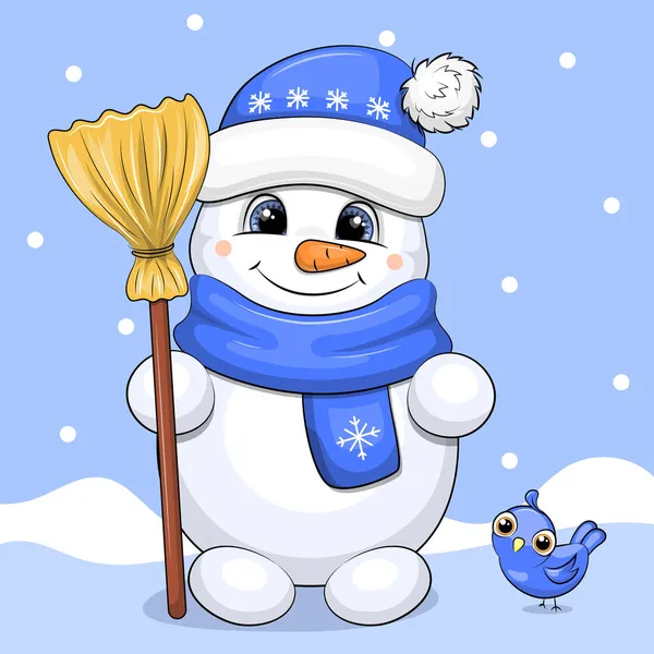 Muñeco Nieve Con Escoba Lindo Dibujo Animado Ilustración Invierno Con — Vector de stock