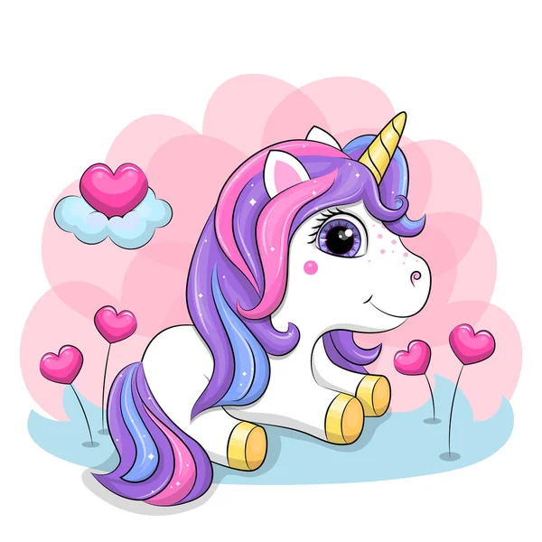 Carino Unicorno Cartone Animato Con Cuori Illustrazione Vettoriale Animale Sfondo — Vettoriale Stock
