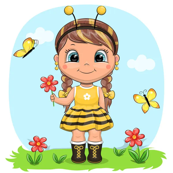 Nettes Cartoon Mädchen Gelben Bienenkostüm Vektor Illustration Auf Blauem Hintergrund — Stockvektor