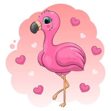 Kalpli flamingo. Pembe arka plandaki bir kuşun şirin çizgi film çizimi.