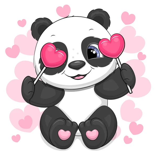 Mignon Panda Dessin Animé Avec Des Cœurs Illustration Vectorielle Animal — Image vectorielle