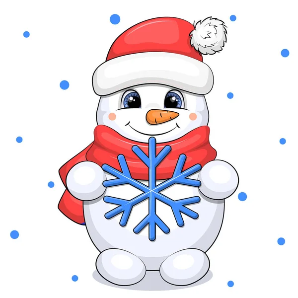 赤い帽子とスカーフのかわいい漫画の雪だるまは雪の結晶を保持しています 青い斑点のある白い背景のベクトルイラスト — ストックベクタ