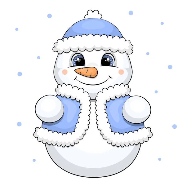 Leuke Cartoon Sneeuwpop Met Een Blauwe Hoed Vest Winter Vector — Stockvector