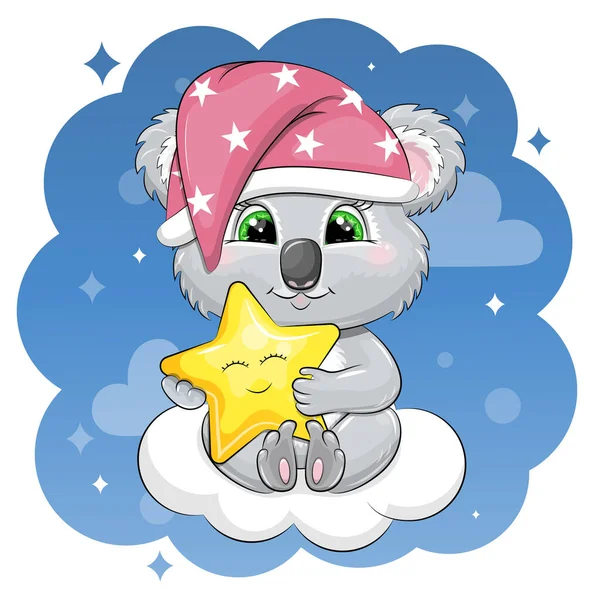 ナイトキャップのかわいい漫画のコアラは 星を保持し 雲の上に座っています 青い背景の夜のベクトル図 — ストックベクタ