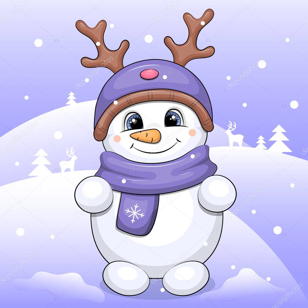 Cute cartoon snowman with reindeer hat and lilac scarf. Winter vector illustration with snow.