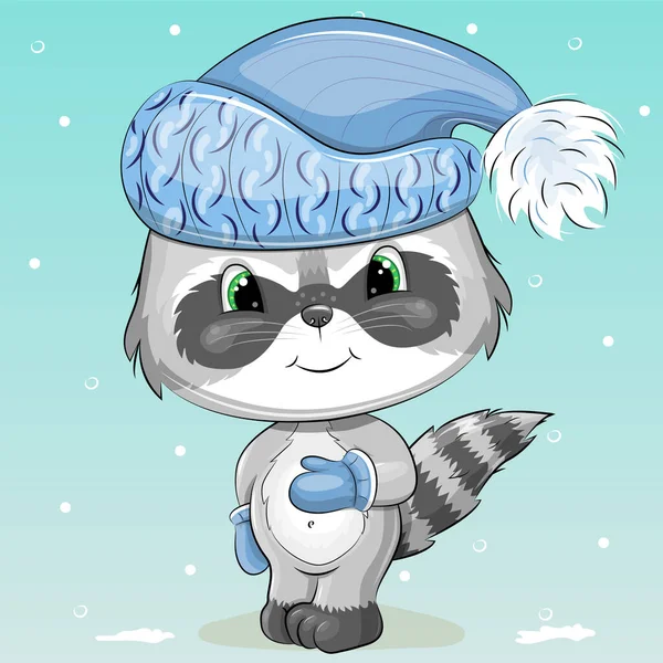 可爱的卡通浣熊 戴着蓝色的帽子和围巾 用动物和雪说明冬季病媒 — 图库矢量图片