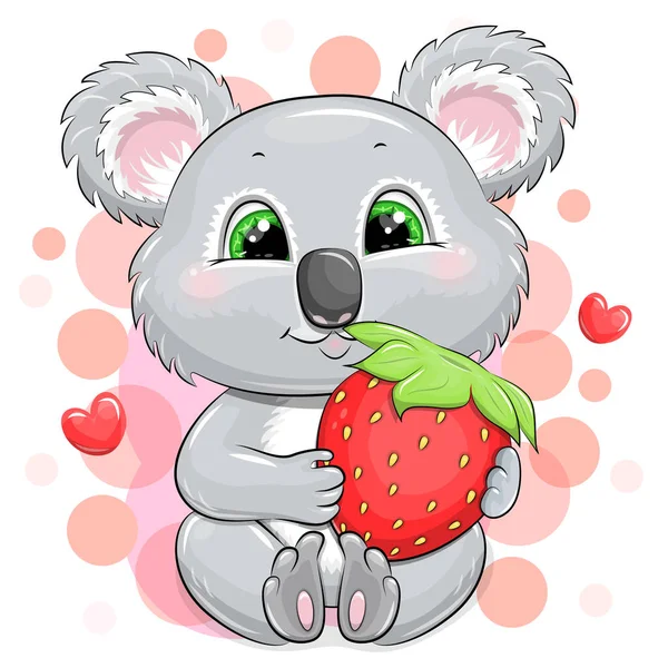 Netter Cartoon Koala Mit Einer Erdbeere Vektorillustration Eines Tieres Auf — Stockvektor