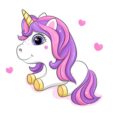 Kalpli tek boynuzlu at. Beyaz arkaplanda izole edilmiş şirin çizgi film vektör çizimi.